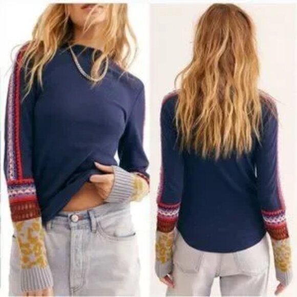 Free People Tops - EUC Free People "Switch it Up" Navy Blue Thermal Crochet Knit Top Size Large